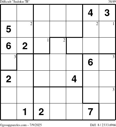 The grouppuzzles.com Difficult Sudoku-7B puzzle for Wednesday July 9, 2025 with the first 3 steps marked