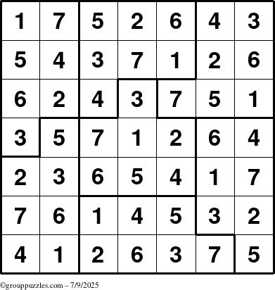 The grouppuzzles.com Answer grid for the Sudoku-7B puzzle for Wednesday July 9, 2025