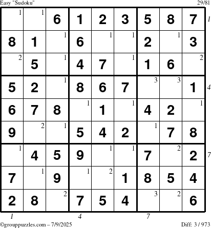 The grouppuzzles.com Easy Sudoku puzzle for Wednesday July 9, 2025 with all 3 steps marked