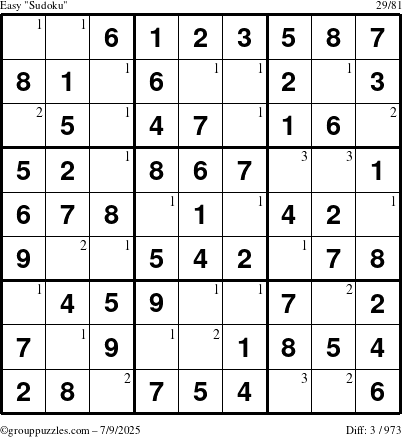 The grouppuzzles.com Easy Sudoku puzzle for Wednesday July 9, 2025 with the first 3 steps marked