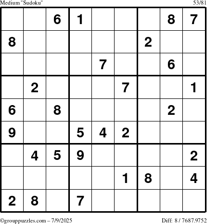The grouppuzzles.com Medium Sudoku puzzle for Wednesday July 9, 2025