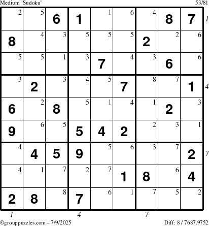 The grouppuzzles.com Medium Sudoku puzzle for Wednesday July 9, 2025 with all 8 steps marked