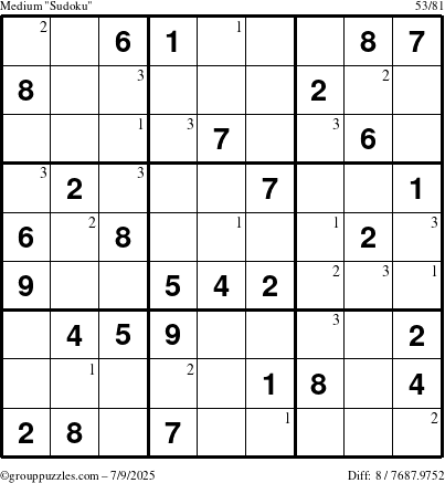 The grouppuzzles.com Medium Sudoku puzzle for Wednesday July 9, 2025 with the first 3 steps marked