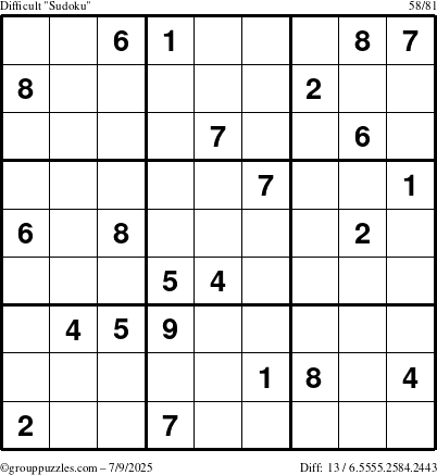 The grouppuzzles.com Difficult Sudoku puzzle for Wednesday July 9, 2025