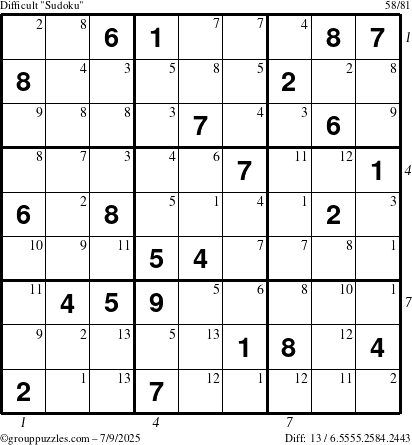 The grouppuzzles.com Difficult Sudoku puzzle for Wednesday July 9, 2025 with all 13 steps marked