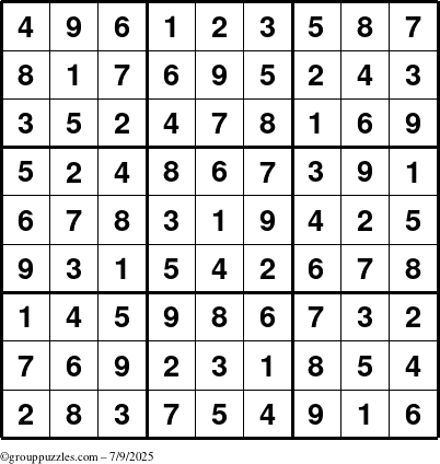 The grouppuzzles.com Answer grid for the Sudoku puzzle for Wednesday July 9, 2025