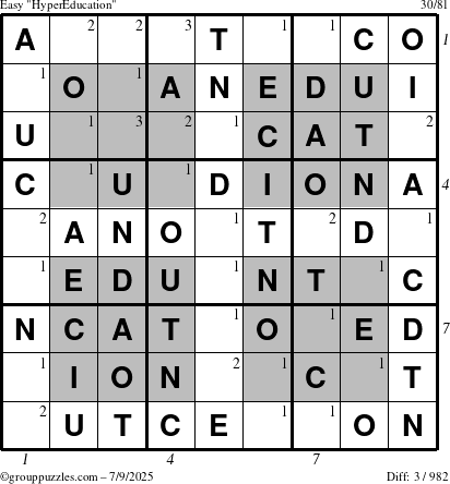 The grouppuzzles.com Easy HyperEducation-i23 puzzle for Wednesday July 9, 2025 with all 3 steps marked