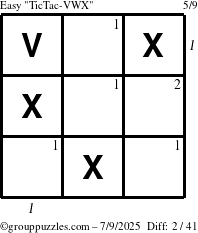 The grouppuzzles.com Easy TicTac-VWX puzzle for Wednesday July 9, 2025, suitable for printing, with all 2 steps marked