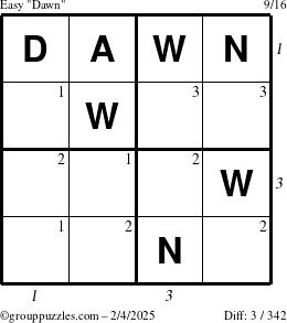 The grouppuzzles.com Easy Dawn puzzle for Tuesday February 4, 2025 with all 3 steps marked