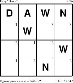 The grouppuzzles.com Easy Dawn puzzle for Tuesday February 4, 2025 with the first 3 steps marked