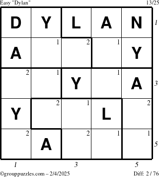 The grouppuzzles.com Easy Dylan puzzle for Tuesday February 4, 2025 with all 2 steps marked