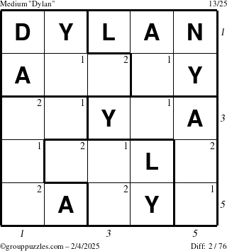 The grouppuzzles.com Medium Dylan puzzle for Tuesday February 4, 2025 with all 2 steps marked