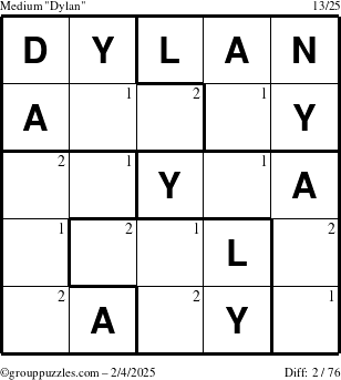 The grouppuzzles.com Medium Dylan puzzle for Tuesday February 4, 2025 with the first 2 steps marked