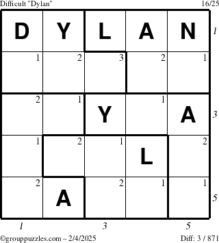 The grouppuzzles.com Difficult Dylan puzzle for Tuesday February 4, 2025 with all 3 steps marked