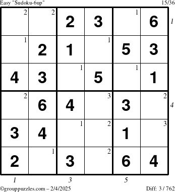 The grouppuzzles.com Easy Sudoku-6up puzzle for Tuesday February 4, 2025 with all 3 steps marked