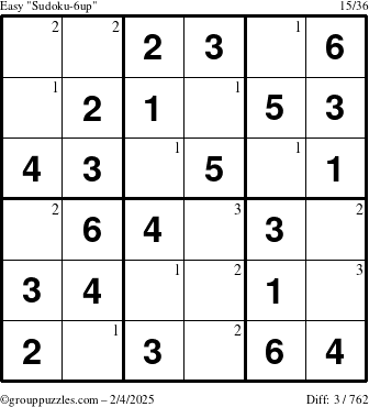 The grouppuzzles.com Easy Sudoku-6up puzzle for Tuesday February 4, 2025 with the first 3 steps marked