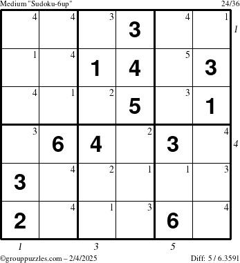 The grouppuzzles.com Medium Sudoku-6up puzzle for Tuesday February 4, 2025 with all 5 steps marked