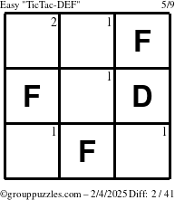 The grouppuzzles.com Easy TicTac-DEF puzzle for Tuesday February 4, 2025 with the first 2 steps marked