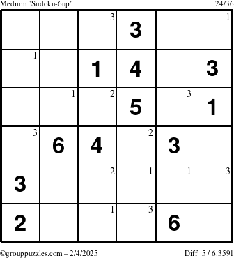 The grouppuzzles.com Medium Sudoku-6up puzzle for Tuesday February 4, 2025 with the first 3 steps marked