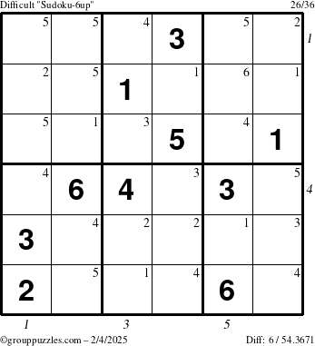 The grouppuzzles.com Difficult Sudoku-6up puzzle for Tuesday February 4, 2025 with all 6 steps marked