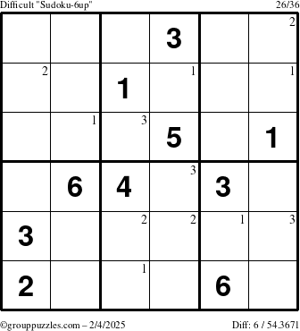 The grouppuzzles.com Difficult Sudoku-6up puzzle for Tuesday February 4, 2025 with the first 3 steps marked