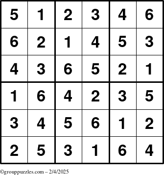 The grouppuzzles.com Answer grid for the Sudoku-6up puzzle for Tuesday February 4, 2025