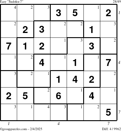 The grouppuzzles.com Easy Sudoku-7 puzzle for Tuesday February 4, 2025, suitable for printing, with all 4 steps marked