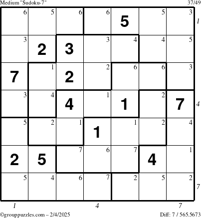 The grouppuzzles.com Medium Sudoku-7 puzzle for Tuesday February 4, 2025, suitable for printing, with all 7 steps marked