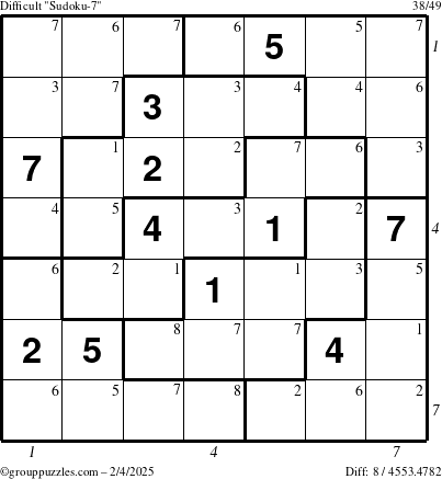 The grouppuzzles.com Difficult Sudoku-7 puzzle for Tuesday February 4, 2025 with all 8 steps marked