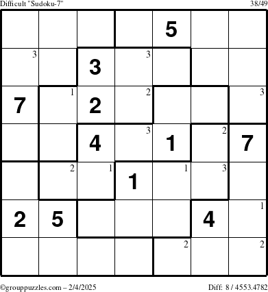 The grouppuzzles.com Difficult Sudoku-7 puzzle for Tuesday February 4, 2025 with the first 3 steps marked