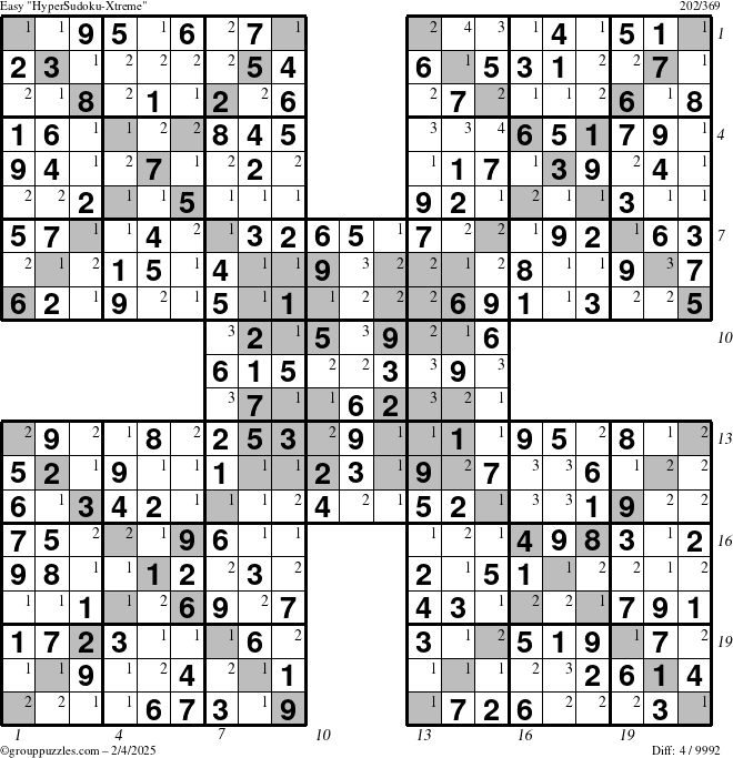 The grouppuzzles.com Easy HyperSudoku-Xtreme puzzle for Tuesday February 4, 2025 with all 4 steps marked