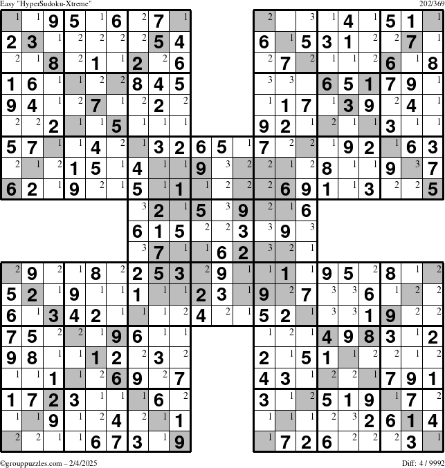 The grouppuzzles.com Easy HyperSudoku-Xtreme puzzle for Tuesday February 4, 2025 with the first 3 steps marked