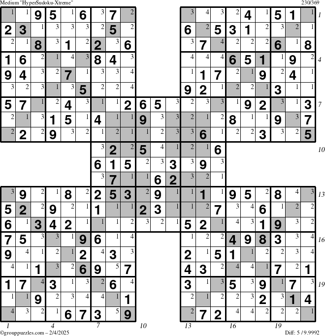 The grouppuzzles.com Medium HyperSudoku-Xtreme puzzle for Tuesday February 4, 2025 with all 5 steps marked