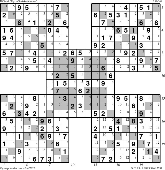 The grouppuzzles.com Difficult HyperSudoku-Xtreme puzzle for Tuesday February 4, 2025 with all 13 steps marked