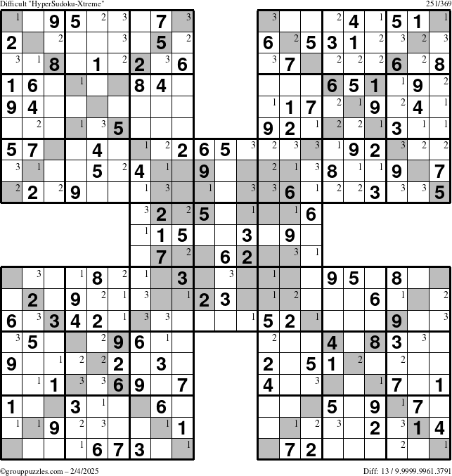 The grouppuzzles.com Difficult HyperSudoku-Xtreme puzzle for Tuesday February 4, 2025 with the first 3 steps marked