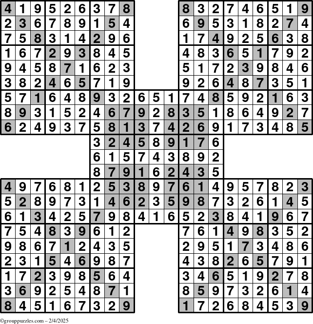 The grouppuzzles.com Answer grid for the HyperSudoku-Xtreme puzzle for Tuesday February 4, 2025