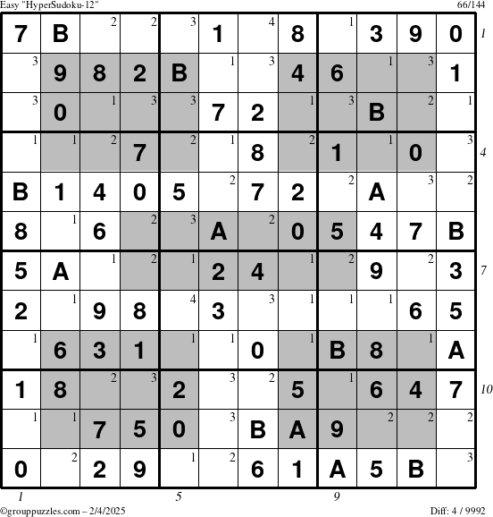 The grouppuzzles.com Easy HyperSudoku-12 puzzle for Tuesday February 4, 2025 with all 4 steps marked