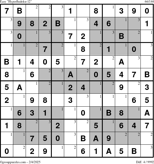 The grouppuzzles.com Easy HyperSudoku-12 puzzle for Tuesday February 4, 2025 with the first 3 steps marked