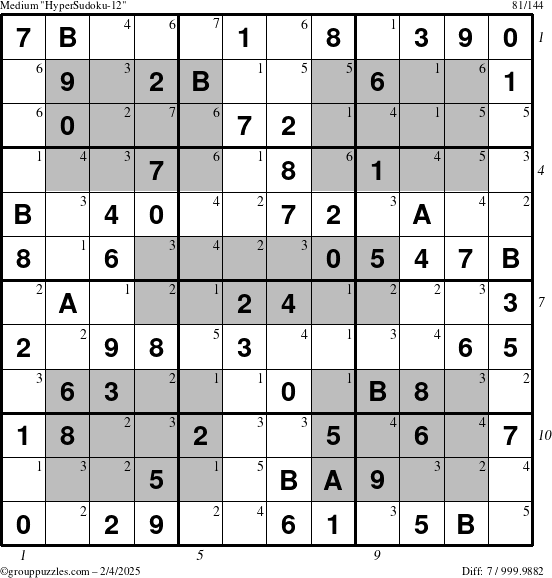 The grouppuzzles.com Medium HyperSudoku-12 puzzle for Tuesday February 4, 2025, suitable for printing, with all 7 steps marked