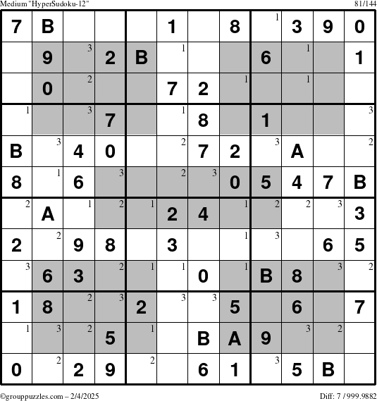 The grouppuzzles.com Medium HyperSudoku-12 puzzle for Tuesday February 4, 2025 with the first 3 steps marked