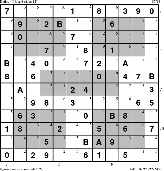 The grouppuzzles.com Difficult HyperSudoku-12 puzzle for Tuesday February 4, 2025 with all 10 steps marked