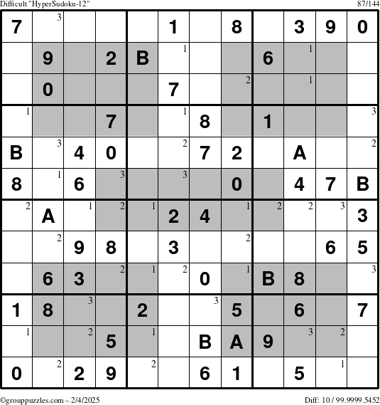 The grouppuzzles.com Difficult HyperSudoku-12 puzzle for Tuesday February 4, 2025 with the first 3 steps marked