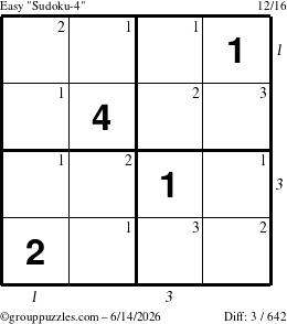The grouppuzzles.com Easy Sudoku-4 puzzle for Sunday June 14, 2026 with all 3 steps marked