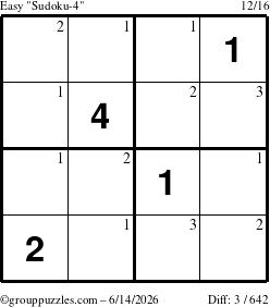 The grouppuzzles.com Easy Sudoku-4 puzzle for Sunday June 14, 2026 with the first 3 steps marked