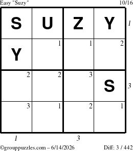 The grouppuzzles.com Easy Suzy puzzle for Sunday June 14, 2026 with all 3 steps marked