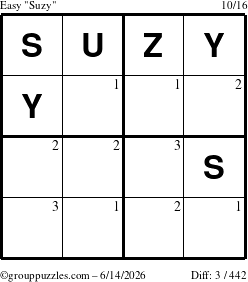 The grouppuzzles.com Easy Suzy puzzle for Sunday June 14, 2026 with the first 3 steps marked