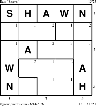 The grouppuzzles.com Easy Shawn puzzle for Sunday June 14, 2026 with all 3 steps marked