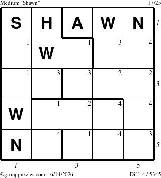 The grouppuzzles.com Medium Shawn puzzle for Sunday June 14, 2026 with all 4 steps marked