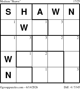 The grouppuzzles.com Medium Shawn puzzle for Sunday June 14, 2026 with the first 3 steps marked