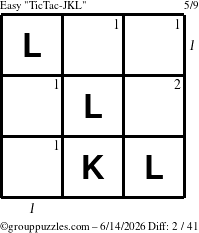 The grouppuzzles.com Easy TicTac-JKL puzzle for Sunday June 14, 2026, suitable for printing, with all 2 steps marked